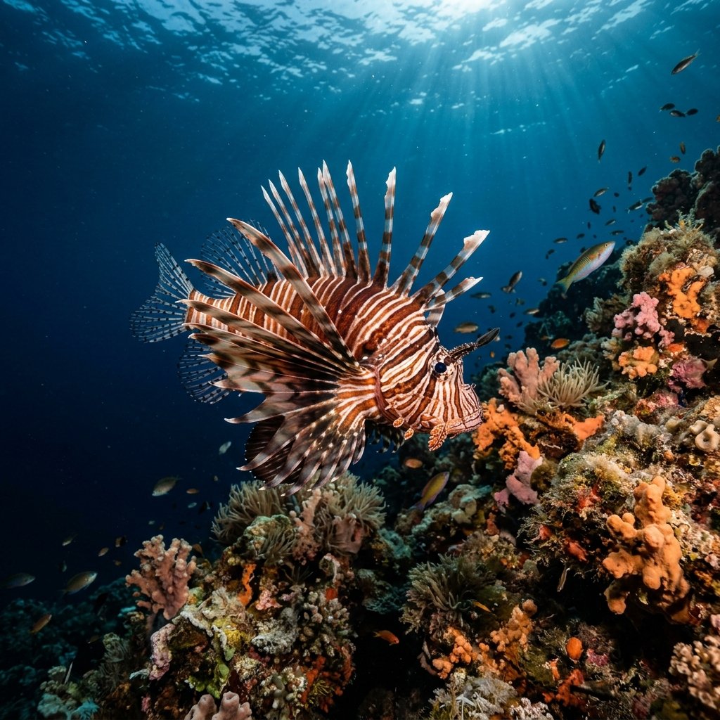Cinematic, hyper-realistic, underwater photography of an invasive red Lionfish swimming near a Mediterranean reef. Photorealistic, National Geographic style.